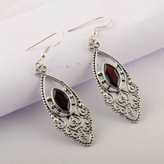 Red Garnet Gemstone Drop Dangle Earrings 925 Sterling Silver Women Handcrafted Silver Earrings Jewellery