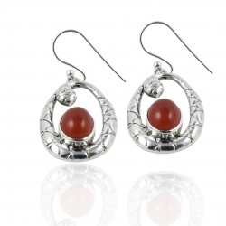 Original Gemstone Jewelry India 925 Solid Silver RED CARNELIAN Earrings 2.9 CM 