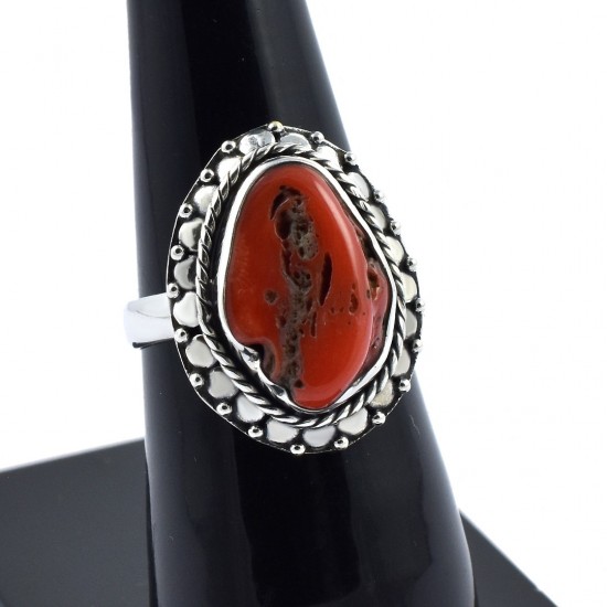 Rough Coral Gemstone Ring Handmade 925 Sterling Silver Ring Oxidized 925 Stamped Silver Ring Jewellery Wedding Gift For Her