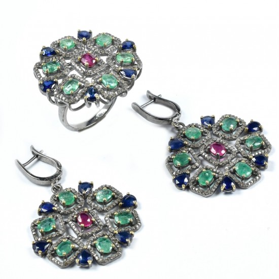 Sapphire Ruby Emerald Black Diamond Jewelry Set Solid 925 Sterling Silver Handmade Rhodium Plated Jewelry Sets Gift For Her