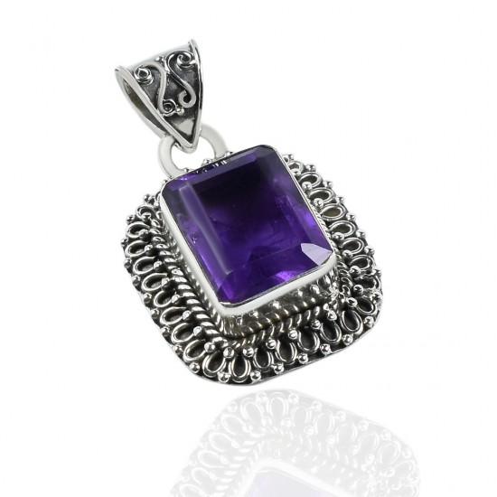 Square Shape Amethyst Gemstone Pendant Handmade Solid 925 Sterling Silver Oxidized Silver Jewelry