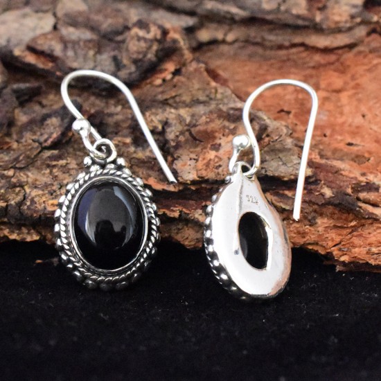 Alluring Black Onyx Cabochon 925 Sterling Silver Dangle Earring