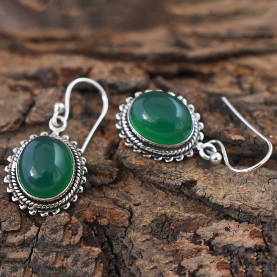 Asum Green Onyx Oval Cabochon 925 Silver Dangle Earring