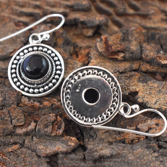 Perfect Black Onyx Round Cabochon 925 Silver Dangle Earring