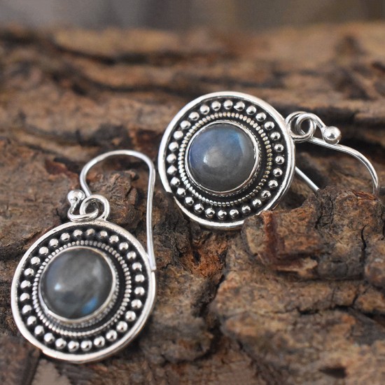 Blue Fire Labradorite Round Cabochon 925 Sterling Earring