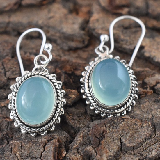 Chronic- Blue Chalcedony Cabochon 925 Silver Dangle Earring!!