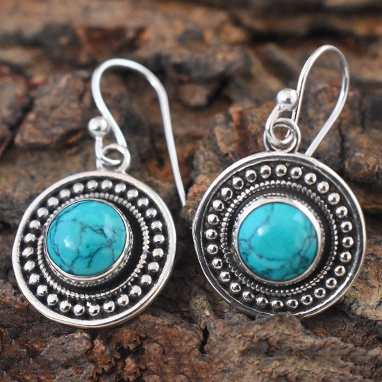 Mother Nature!! Turquoise Round Cabochon 925 Silver Earring