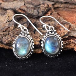 Natural Blue Fire Labradorite Cabochon 925 Sterling Silver Earring