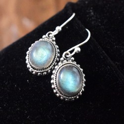 Natural Blue Fire Labradorite Cabochon 925 Sterling Silver Earring