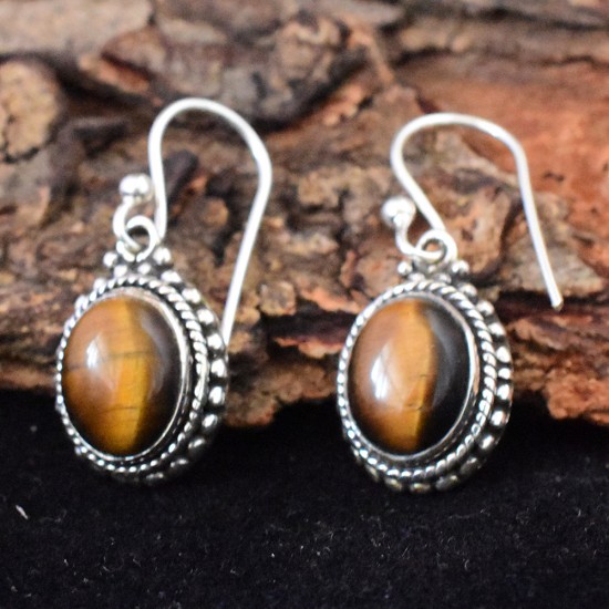 Natural Tiger Eye Cabochon 925 Sterling Silver Dangle Earring