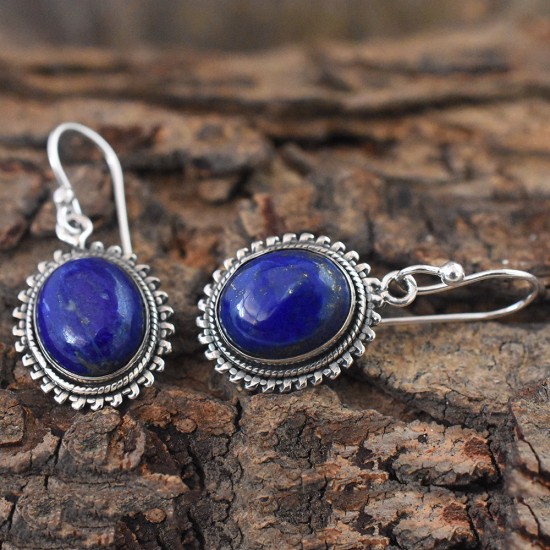 Natural Blue!! Lapis oval Cabochon 925 Silver Earring
