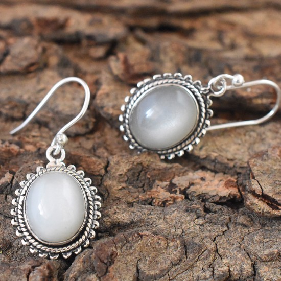 Natural White Moonstone Oval Cabochon 925 Sterling Silver Earring!!