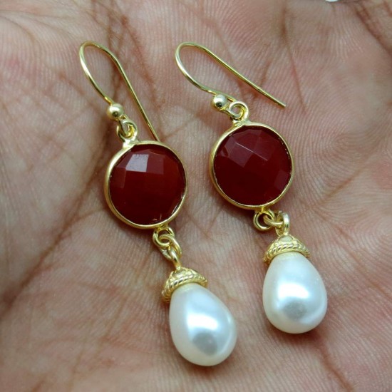 Lovely Color Of !! Red Carnelian, White Pearl 925 Sterling Silver Earring
