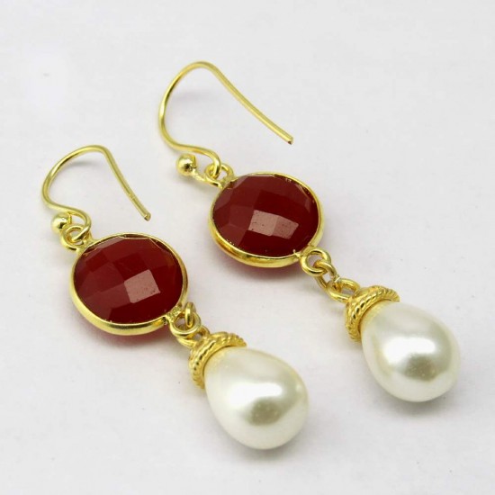 Lovely Color Of !! Red Carnelian, White Pearl 925 Sterling Silver Earring