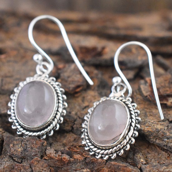 Pink Rose Quartz Oval Shape Cabochon Earring For Her!!