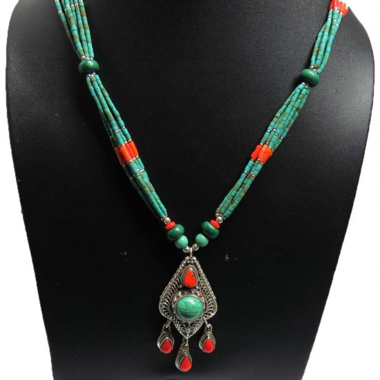 Exclusive Jewelry !! Coral,Turquoise 925 Sterling Silver Necklace