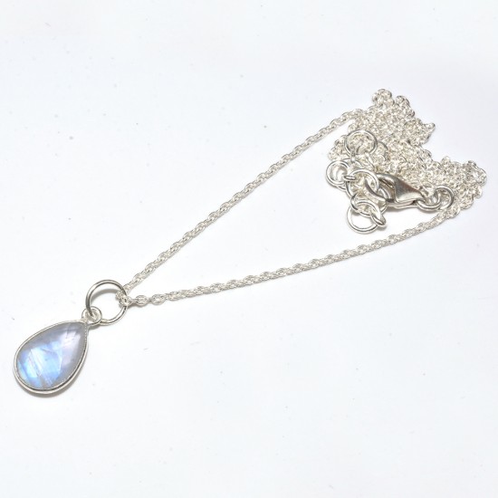 Ultimate Drop, Pear Shape White Rainbow Moonstone 925 Sterling Silver Necklace