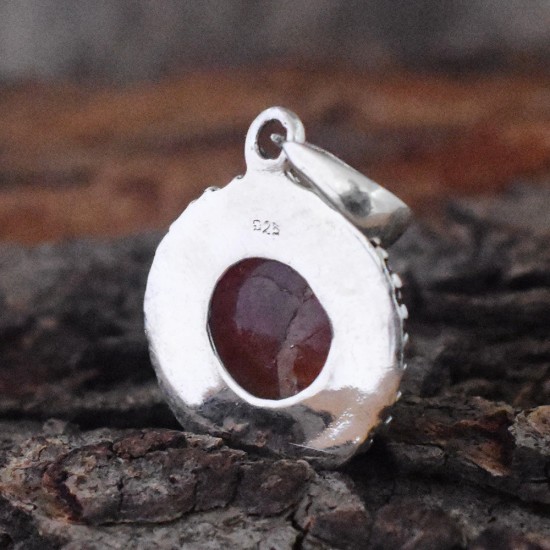 Awesome Red Sand Stone Round Cabochon Silver Pendant