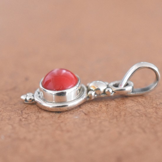 Beautiful Red Coral Oval Cabochon Gemstone 925 Silver Pendant