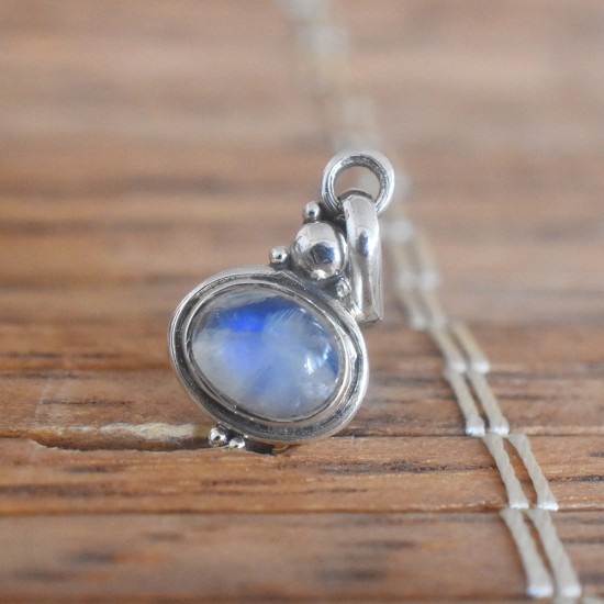 Blue Fire Rainbow Moonstone Oval 925 Sterling Silver Pendant!!