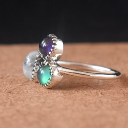 Amethyst Rainbow Moonstone Green Onyx Gemstones Multi Color Gemstone Silver 925 Sterling Ring