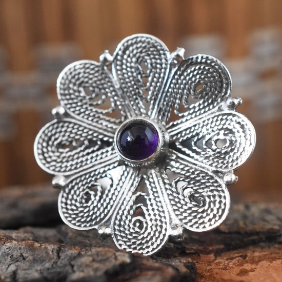 Blossom Amethyst Cabochon 925 Sterling Silver Ring Free Size 