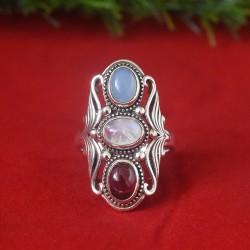 Garnet Rainbow Moonstone Chalcedony Sterling Silver Ring!!