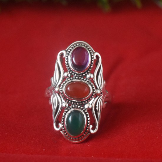 Red Green Onyx And Amethyst Gemstone 925 Sterling Silver Ring