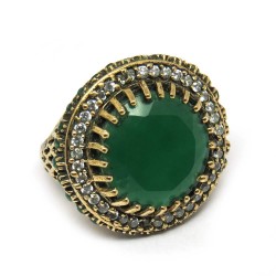 Turkish Jewelry !! Green Onyx, White CZ Sterling Silver Ring With Brass