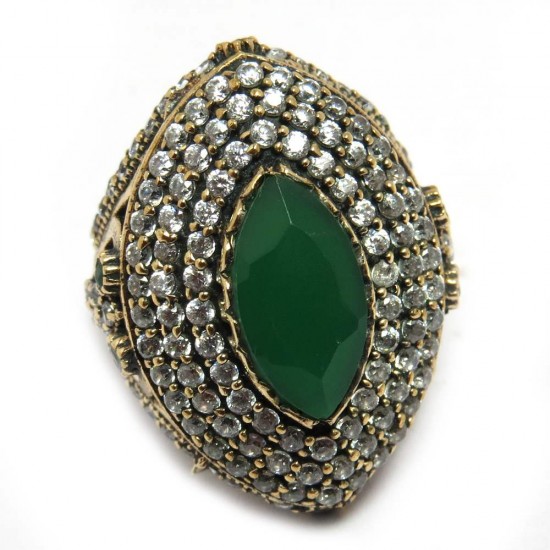 Gemstone Silver Jewelry !! Green Onyx, White CZ 925 Sterling Silver Ring With Brass
