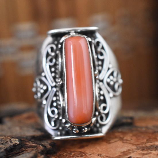 Lab Made Coral 925 Sterling Silver Ring