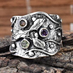 Beautiful !! Peridot, Amethyst, Citrine Stone 925 Sterling Silver Ring