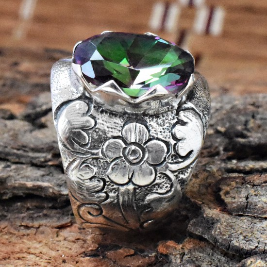 Mystic Quartz Engaved 925 Sterling Silver Ring