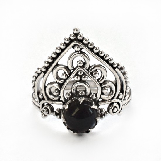 Natural Round Black Onyx Cabochon 925 Sterling Silver Ring