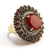 Excellent !! Red Onyx, CZ 925 Sterling Silver Ring With Brass