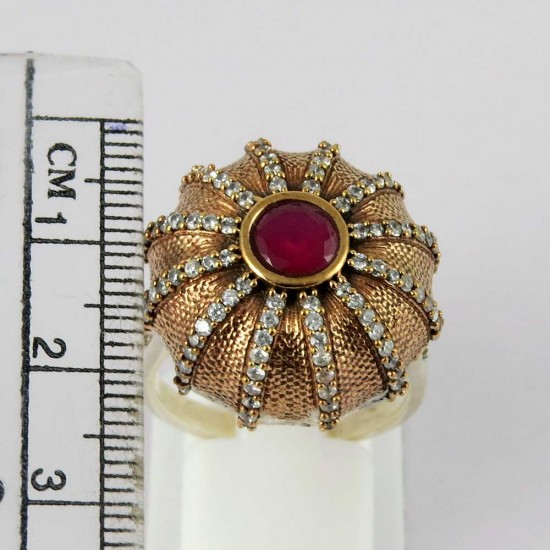 Lovely Style !! Red Onyx, White CZ 925 Sterling Silver Ring With Brass