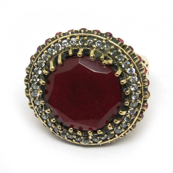 Wanted Design !! Red Onyx, White CZ Sterling Silver Ring With Brass