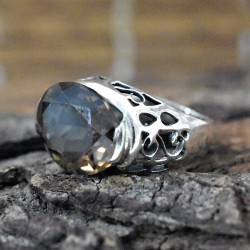 Smokey Quartz Cut Stone Silver Ring
