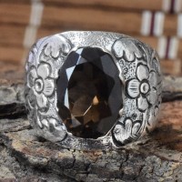 Smokey Quartz Engaved 925 Sterling Silver Ring