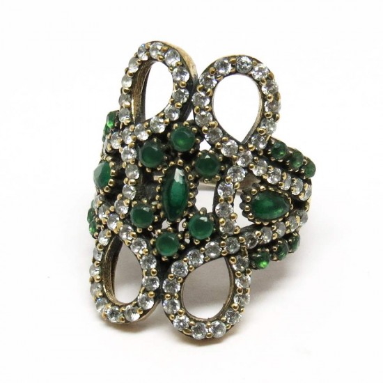Extravagant !! Turkish Jewelry Green Onyx, White CZ Silver Jewelry Gemstone Ring
