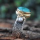 Vintage Carving Turquoise Oval Cutstone Dual Tone 925 Sterling Silver Ring