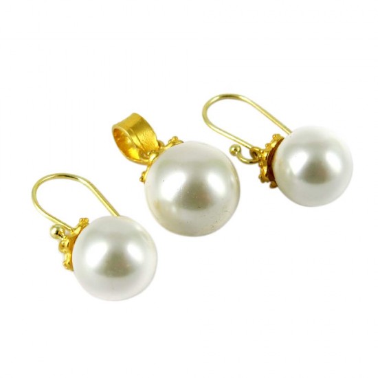 Gemstone Silver Jewelry Pearl Silver Jewelry Set With Gold Plated