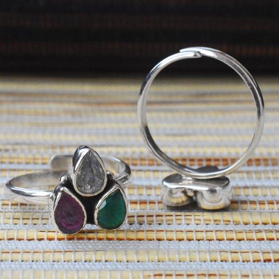 Beautiful !! Red C.Z,Green C.Z,White C.Z Stone 925 Sterling Silver Toe Ring 