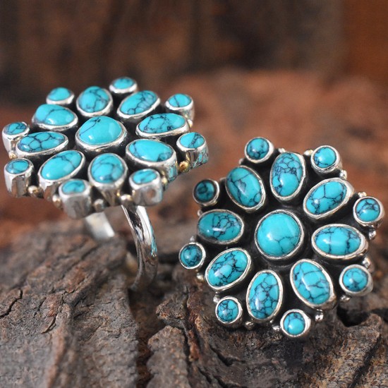 Awesome Royal Look !! Green Turquoise flower shape 925 Sterling Silver Toe Rings 
