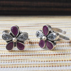Beautiful Flower Desgine White Red C.Z Stone 925 Sterling Silver Toe Ring