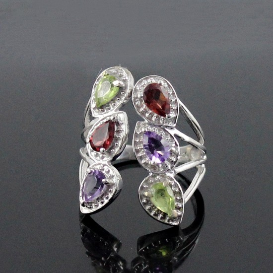 925 Sterling Silver Multi Color Stone Pear Shape Rhodium Plated Ring