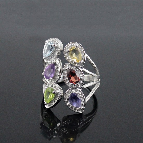 925 Sterling Silver Rhodium Plated Multi Color Stone Ring Jewelry