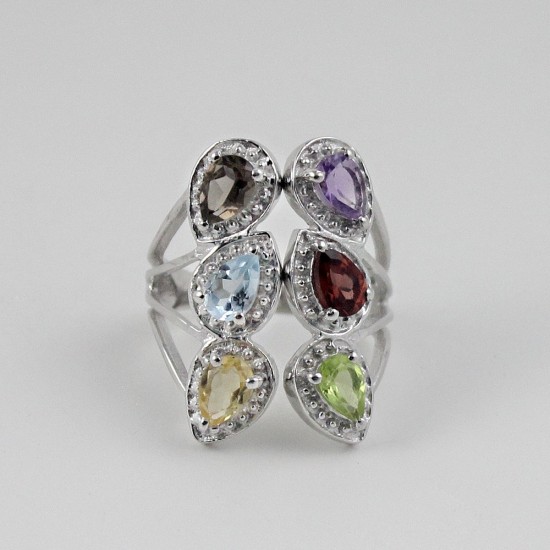 925 Sterling Silver Rhodium Plated Natural Multi Stone Ring Handmade Ring