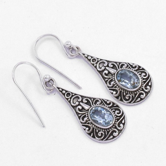 925 Sterling Silver Drops Earring Natural Blue Topaz Earrings Handmade Oxidized Silver Jewellery