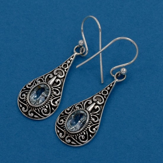 925 Sterling Silver Drops Earring Natural Blue Topaz Earrings Handmade Oxidized Silver Jewellery